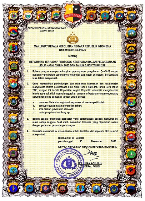 Kapolri Terbitkan Maklumat Kepatuhan Prokes Saat Libur Natal dan Tahun Baru